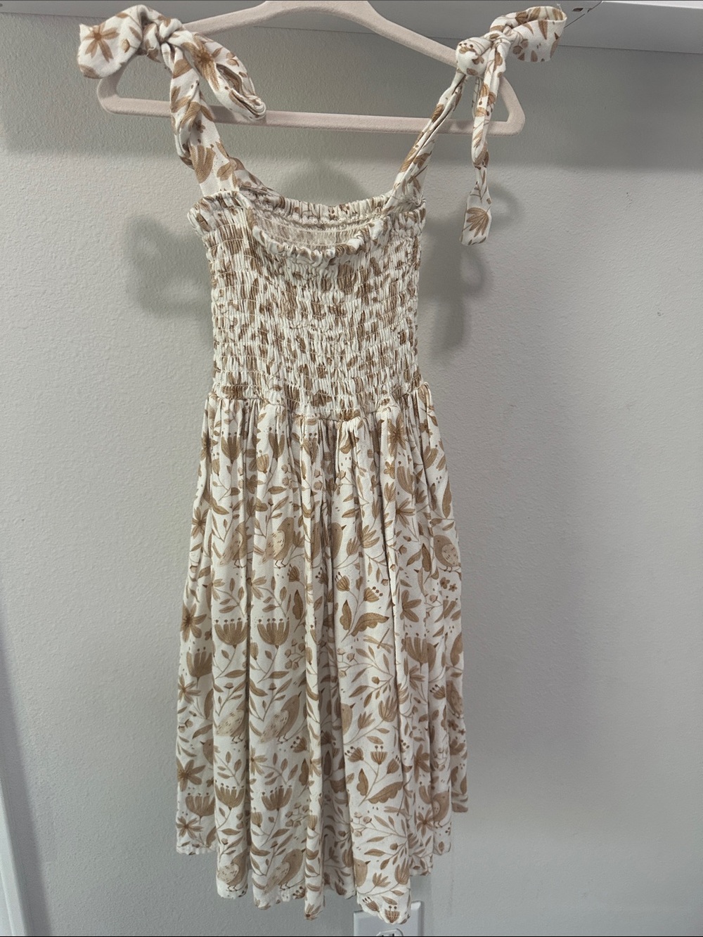 Rylee + Cru Cream and Tan Floral with birds Tie-Shoulder Sundress